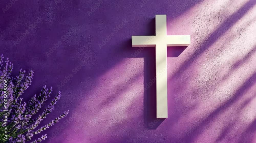 A white cross hangs on a purple wall with sunlight streaming through a window, casting shadows on the surface A white cross hangs on a purple wall with sunlight streaming through a window, casting shadows on the surface