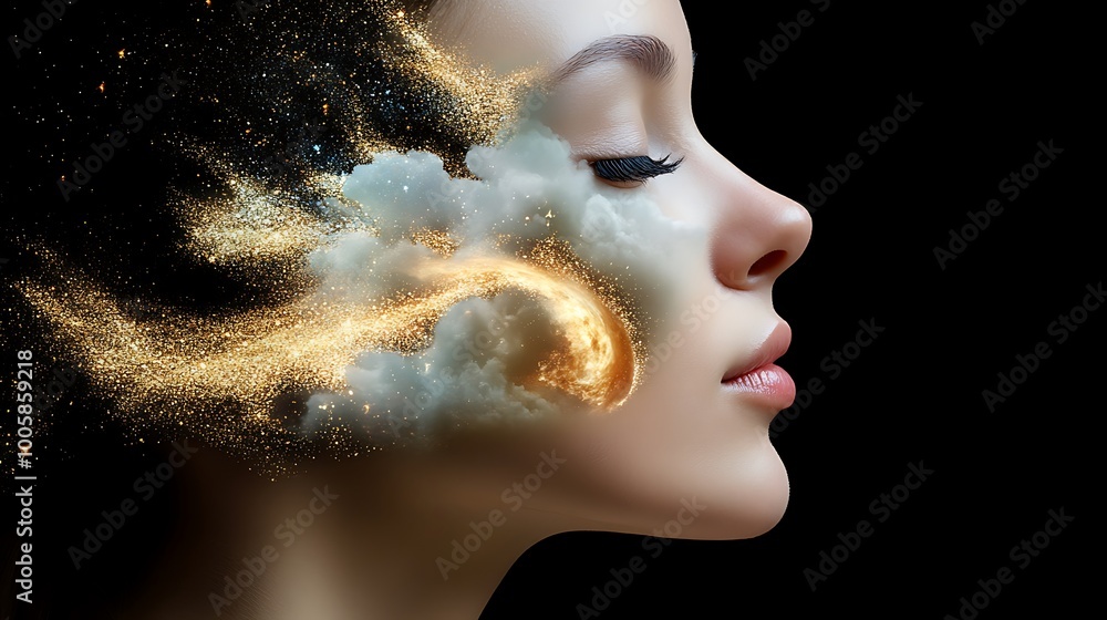 Woman Face with Golden Glitter Clouds and Moon Woman Face with Golden Glitter Clouds and Moon