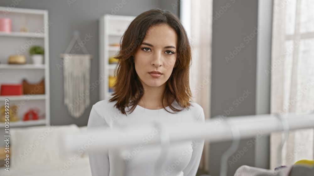 A contemplative young hispanic woman, with her elegant hairstyle, stands in a cozy bedroom, evoking an intimate home atmosphere. A contemplative young hispanic woman, with her elegant hairstyle, stands in a cozy bedroom, evoking an intimate home atmosphere.