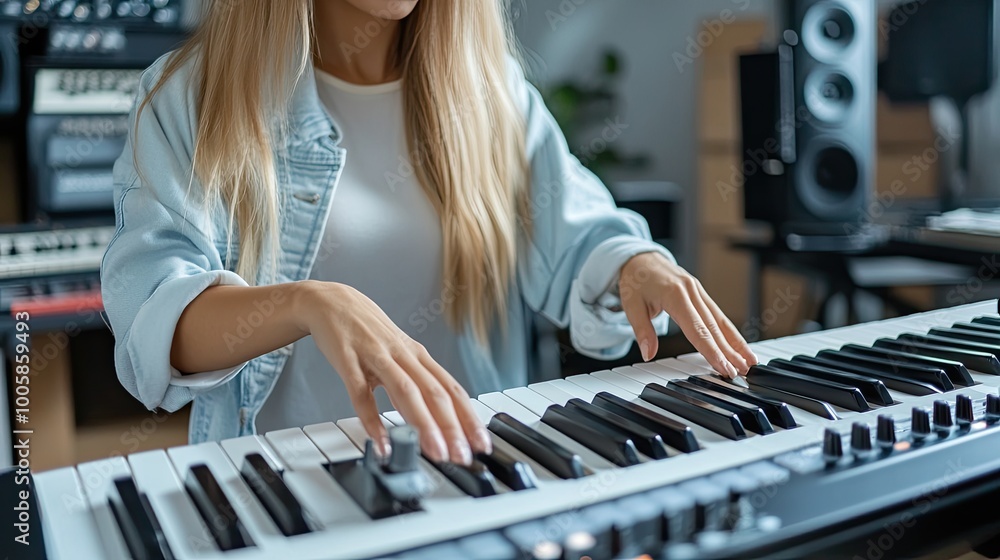 Obraz premium A focused musician plays a keyboard, showcasing creativity and passion in a modern studio setting.