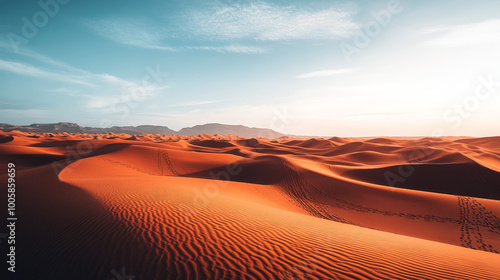 A lifelike picture of rolling sand dunes in a desert.