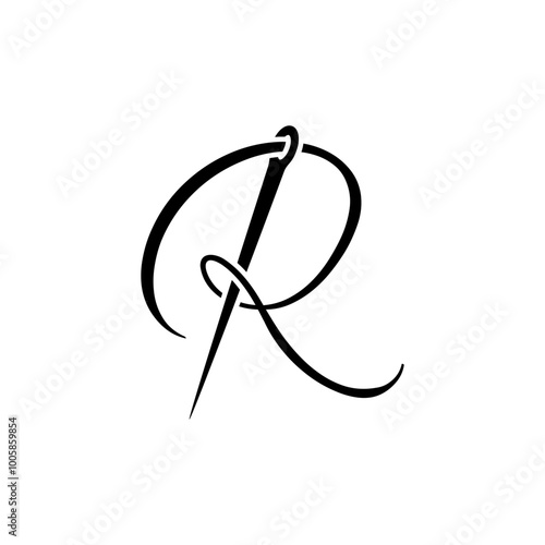 script letter initial R with sewing needle logo