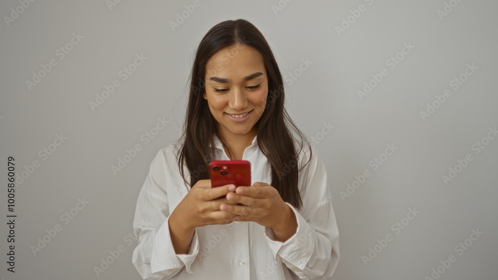 Young woman smiling while using a smartphone indoors featuring a brunette female in casual attire Young woman smiling while using a smartphone indoors featuring a brunette female in casual attire