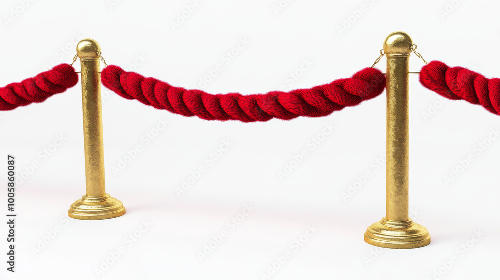A golden rope barrier with a red velvet rope, looking like it's real, is shown against a white background. A golden rope barrier with a red velvet rope, looking like it's real, is shown against a white background.