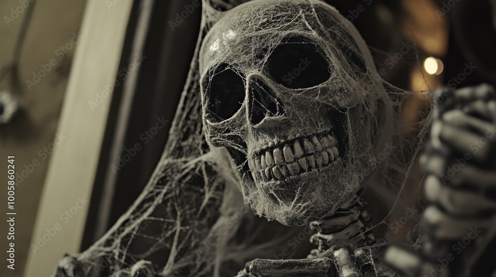 spooky skeleton covered in cobwebs creates eerie atmosphere, perfect for Halloween decorations. Its haunting smile adds chilling touch to any haunted setting spooky skeleton covered in cobwebs creates eerie atmosphere, perfect for Halloween decorations. Its haunting smile adds chilling touch to any haunted setting
