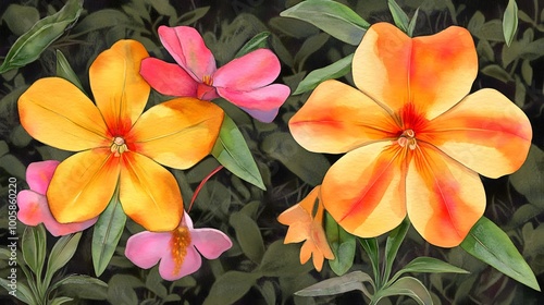 Watercolor Painting of Orange and Pink Flowers with Green Leaves