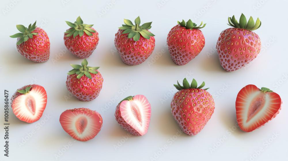 This is a set of 3D strawberry icons that look very real. You'll see whole strawberries, and strawberries cut in half. The icons are against a white background. This is a set of 3D strawberry icons that look very real. You'll see whole strawberries, and strawberries cut in half. The icons are against a white background.