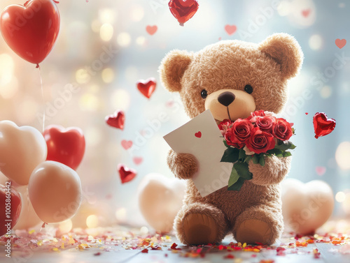 Surrounded by heart-shaped balloons and falling confetti, a cute teddy bear holding a bouquet of red roses and a love letter brings a sweet, romantic atmosphere.