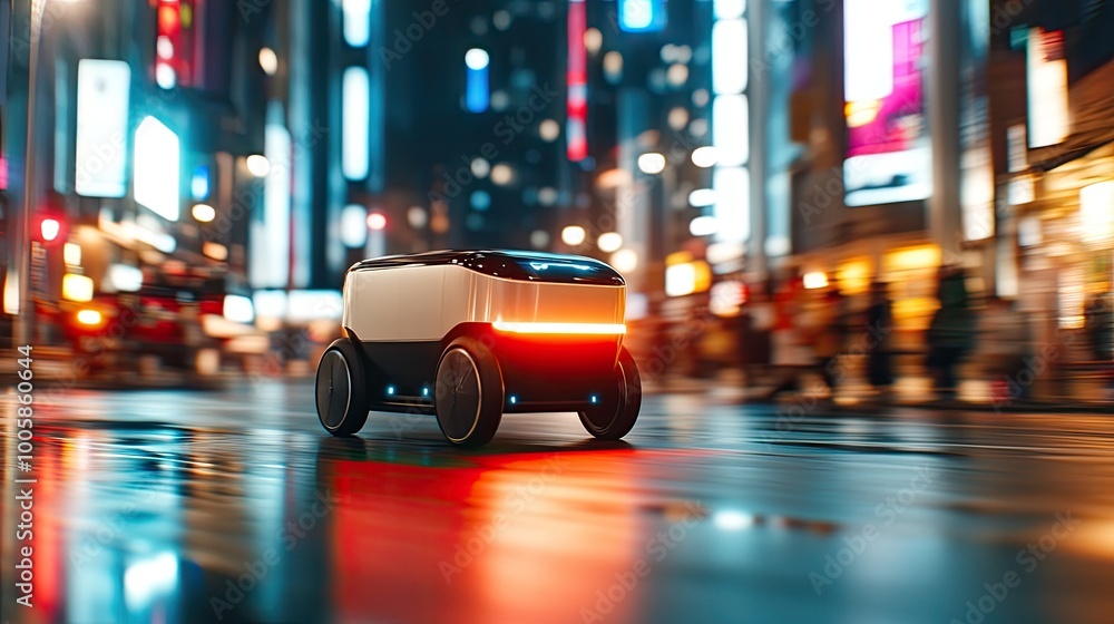 A futuristic delivery robot navigating a bustling city at night, illuminated by vibrant neon lights and reflections on wet streets.