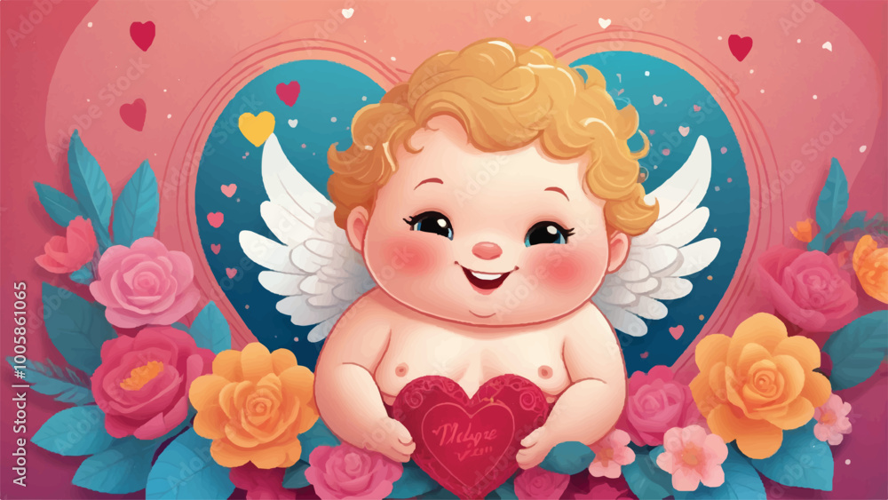 Whimsical Cartoon-Style Valentine's Day Card with Cupid, Flowers, and Sparkly Heart Glow Whimsical Cartoon-Style Valentine's Day Card with Cupid, Flowers, and Sparkly Heart Glow