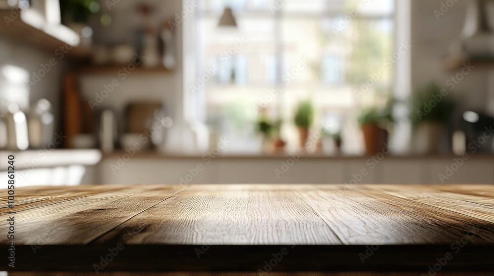 Wooden surface with a blurred, bright kitchen in the background. Bokeh effect creates a light and inviting atmosphere, perfect for dining or product displays. Wooden surface with a blurred, bright kitchen in the background. Bokeh effect creates a light and inviting atmosphere, perfect for dining or product displays.