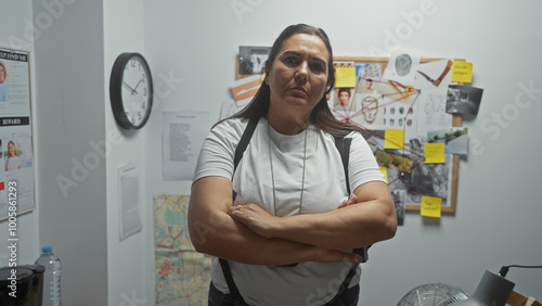 Konstfotografi Serious hispanic woman with arms crossed standing in a detective's office with e