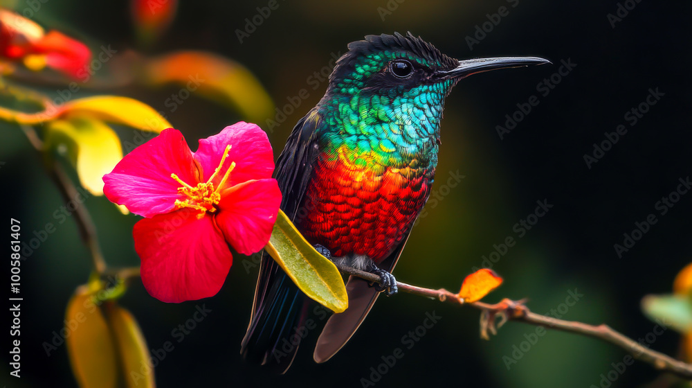 Fototapeta premium A colorful hummingbird is perched on a branch next to a red flower. The bird is surrounded by a vibrant and lively atmosphere, with the bright colors of the flower