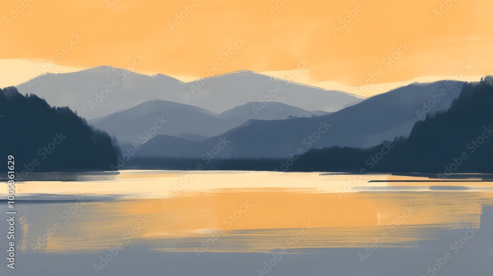 Abstract Mountain Lake Sunset Landscape Painting Abstract Mountain Lake Sunset Landscape Painting