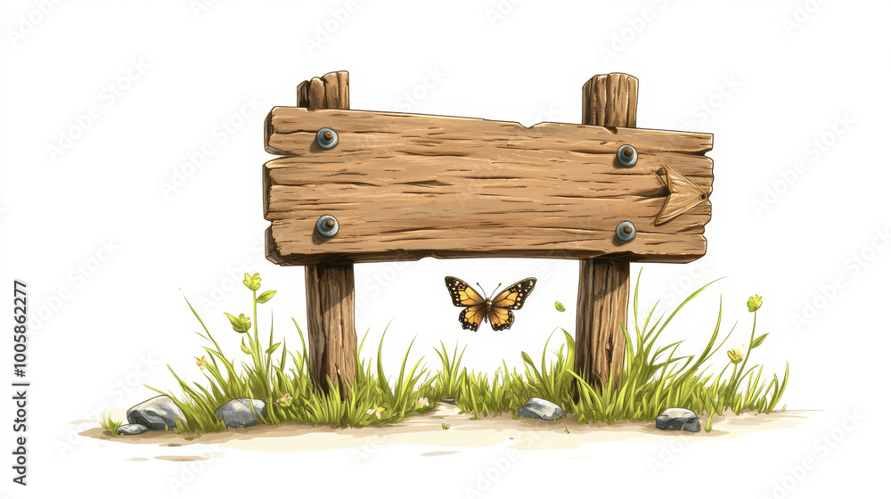 A cute cartoon wooden sign with an arrow pointing the way. It's old and rustic,with metal nails for hanging messages.Butterflies and grass add a touch of nature, and the sign casts a realistic shadow A cute cartoon wooden sign with an arrow pointing the way. It's old and rustic,with metal nails for hanging messages.Butterflies and grass add a touch of nature, and the sign casts a realistic shadow