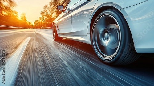 White car speeding down highway at sunset.