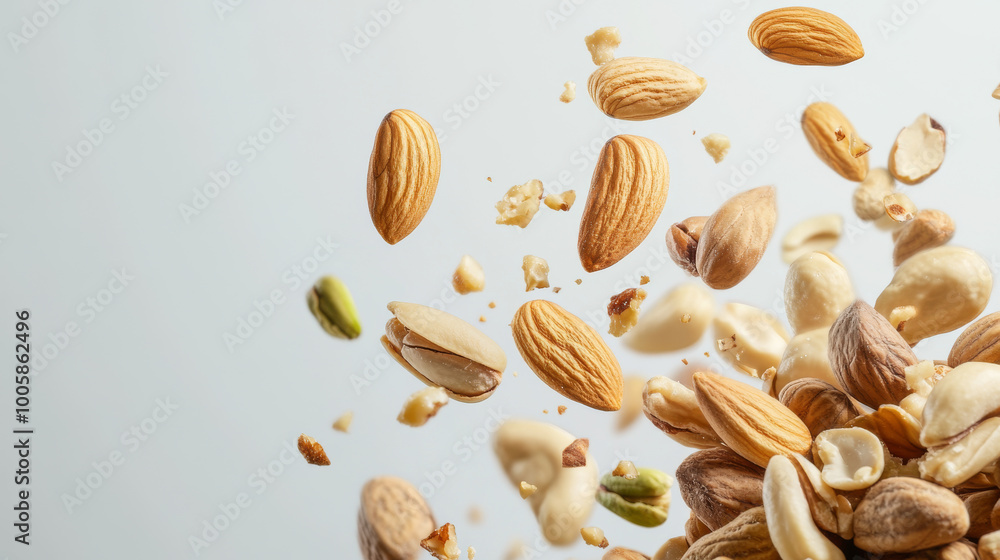 A bunch of different nuts like pistachios, almonds, walnuts, and cashews are flying through the air against a plain white background. A bunch of different nuts like pistachios, almonds, walnuts, and cashews are flying through the air against a plain white background.