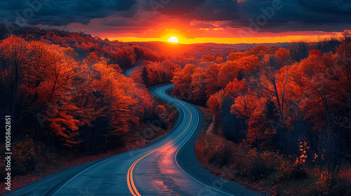 Aerial drone view of a winding road among a beautiful autumn forest at sunset