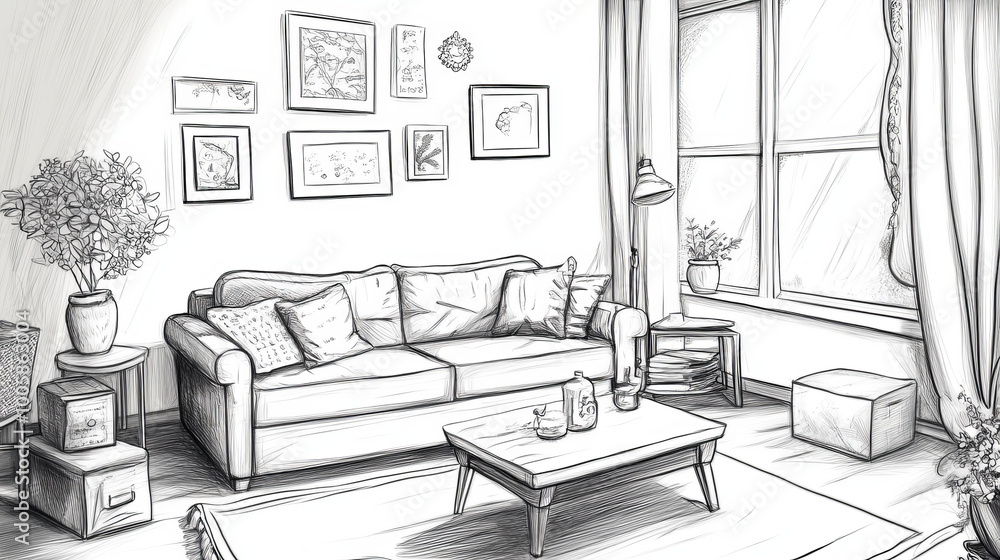 A simple, modern living room with a sofa, coffee table, and lots of decorations. The drawing is in black and white, with room for you to add your own text. A simple, modern living room with a sofa, coffee table, and lots of decorations. The drawing is in black and white, with room for you to add your own text.