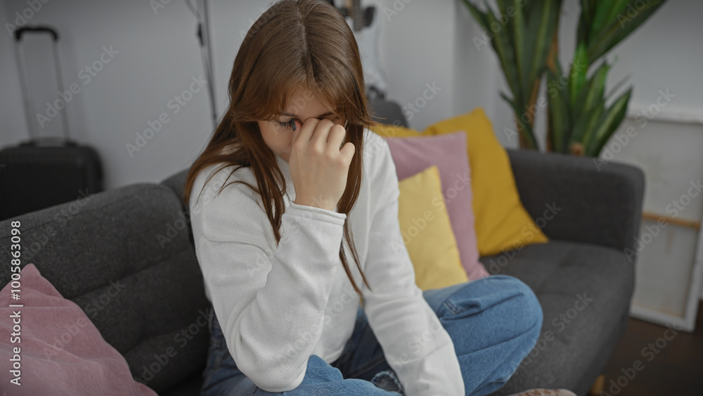 A young woman sits distressed on a sofa in a cozy room, epitomizing modern lifestyle woes. A young woman sits distressed on a sofa in a cozy room, epitomizing modern lifestyle woes.
