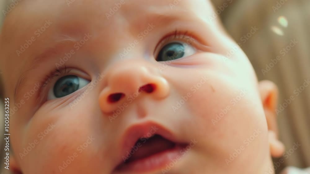 Close-up of a curious baby with blue eyes gazing intently Close-up of a curious baby with blue eyes gazing intently