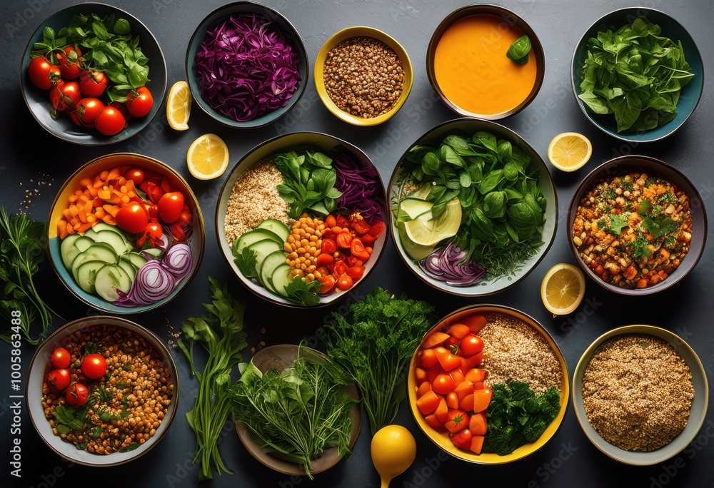 vibrant meal prep featuring fresh vegetables grains colorful bowls nutritious appealing dining experience, avocado, bell, peppers, broccoli, carrots, dressing vibrant meal prep featuring fresh vegetables grains colorful bowls nutritious appealing dining experience, avocado, bell, peppers, broccoli, carrots, dressing