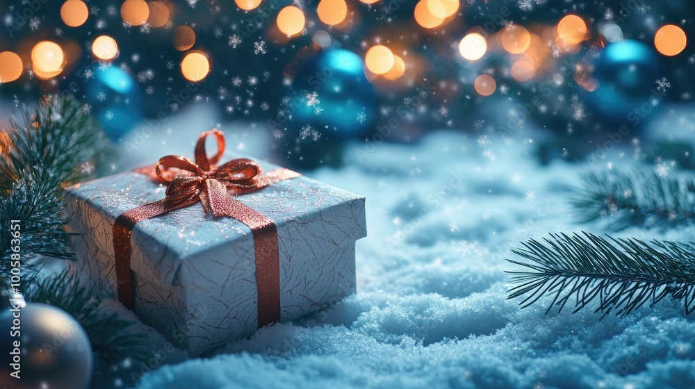 Wrapped Christmas gift on snowy ground, glowing blue bokeh lights behind. Ornaments hang from fir branches, adding festive cheer as snowflakes float gently in the air. Wrapped Christmas gift on snowy ground, glowing blue bokeh lights behind. Ornaments hang from fir branches, adding festive cheer as snowflakes float gently in the air.