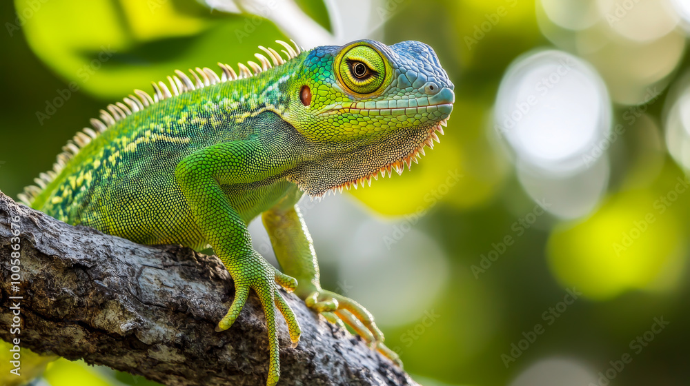Fototapeta premium A green lizard is sitting on a branch. The lizard is looking at the camera. The branch is green and the background is also green