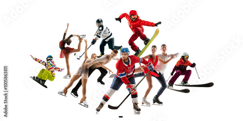 Winter sports aesthetics. Dynamic creative collage. People, men and women performing various winter sports isolated on white background. Concept of sport, active lifestyle, dynamics.