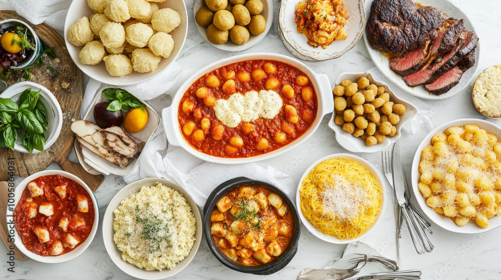 A delicious spread of classic Italian dishes, featuring gnocchi, polenta, carbonara, arancini, ossobuco, Florentine steak, ribollita, eggplant parmesan, caprese salad, and pasta. A delicious spread of classic Italian dishes, featuring gnocchi, polenta, carbonara, arancini, ossobuco, Florentine steak, ribollita, eggplant parmesan, caprese salad, and pasta.