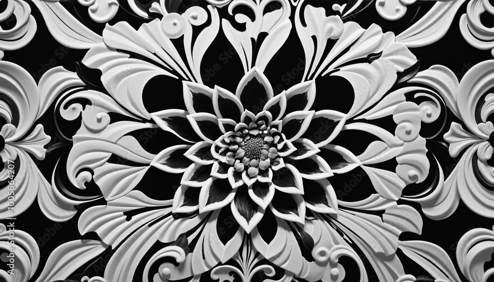 Black and white geometric checkered floral pattern, illustration Black and white geometric checkered floral pattern, illustration