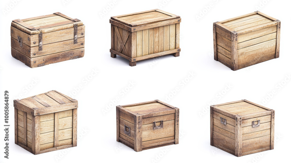 A set of wooden cargo boxes in different views (side, front, top). These realistic-looking boxes are shown against a white background. A set of wooden cargo boxes in different views (side, front, top). These realistic-looking boxes are shown against a white background.