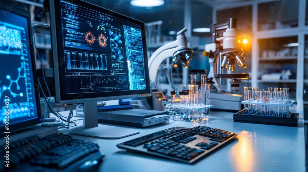 Portrait of a chemical engineer analyzing results from a chemical process, surrounded by lab equipment and monitors Portrait of a chemical engineer analyzing results from a chemical process, surrounded by lab equipment and monitors