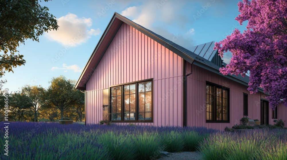 Contemporary farmhouse exterior with vertical blush paneling, espresso window trim, set against jade grass and encircled by lavender trees, blending tradition and modernity Contemporary farmhouse exterior with vertical blush paneling, espresso window trim, set against jade grass and encircled by lavender trees, blending tradition and modernity
