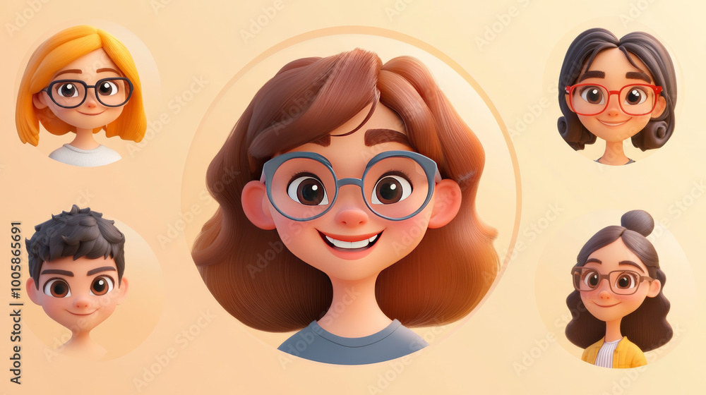 Fototapeta premium A smiling woman's face, a user icon, and close-ups of a woman and a young girl in a circle. These happy, cartoon-style characters are part of a set of people designed in a realistic 3D style.