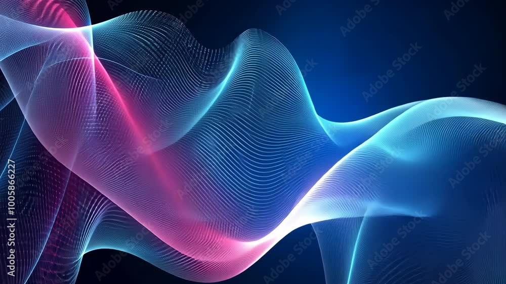 A glowing blue and pink wave against a dark blue background A glowing blue and pink wave against a dark blue background