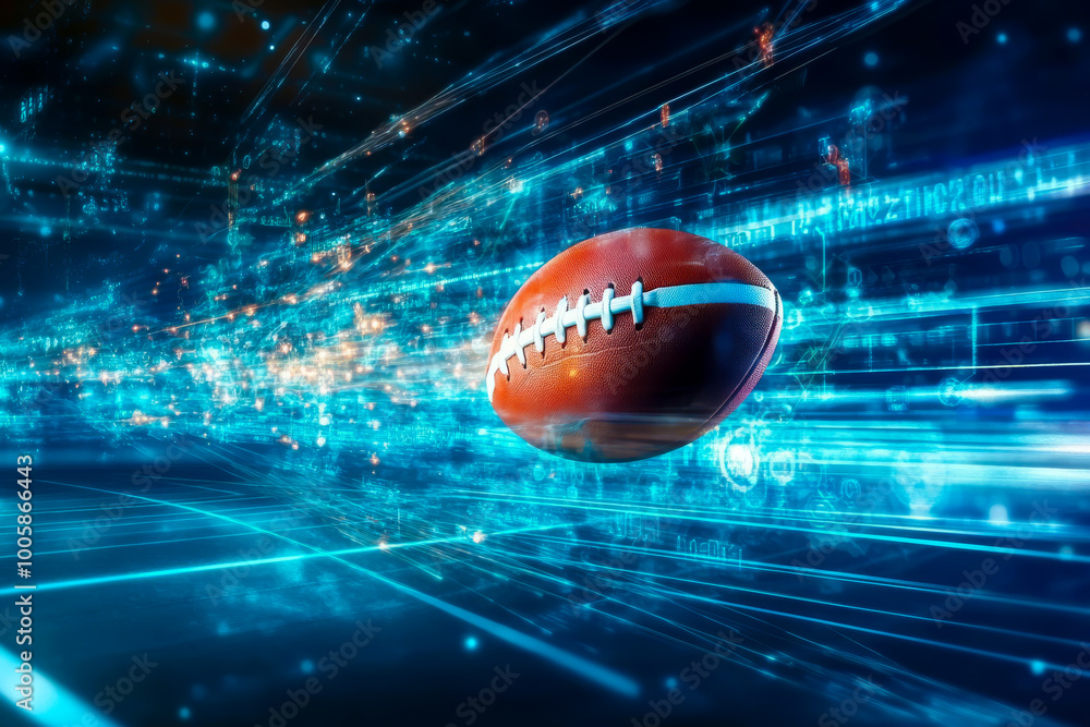 A football is flying through a blue and white background. The football is the main focus of the image, and it is in motion. The blue and white colors create a sense of energy and excitement A football is flying through a blue and white background. The football is the main focus of the image, and it is in motion. The blue and white colors create a sense of energy and excitement