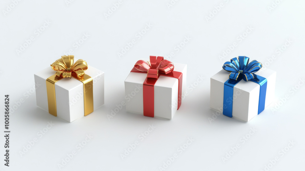 This is a set of 3D gift boxes with colorful ribbons. The boxes are white and the ribbons are red, blue, or gold. They are isolated on a white background. This is a set of 3D gift boxes with colorful ribbons. The boxes are white and the ribbons are red, blue, or gold. They are isolated on a white background.