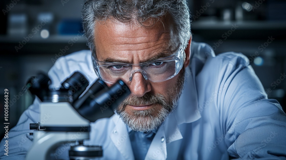 Portrait of a chemist analyzing chemical reactions under a microscope, focused and detailed, surrounded by research equipment Portrait of a chemist analyzing chemical reactions under a microscope, focused and detailed, surrounded by research equipment
