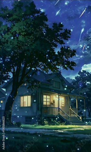 A beautiful cabin at night landscape