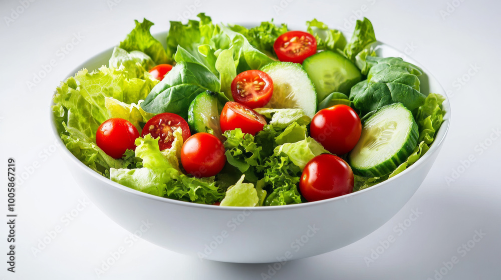 A fresh salad bowl filled with leafy greens like spinach and lettuce, juicy cherry tomatoes, crisp cucumber, and other tasty vegetables. A fresh salad bowl filled with leafy greens like spinach and lettuce, juicy cherry tomatoes, crisp cucumber, and other tasty vegetables.