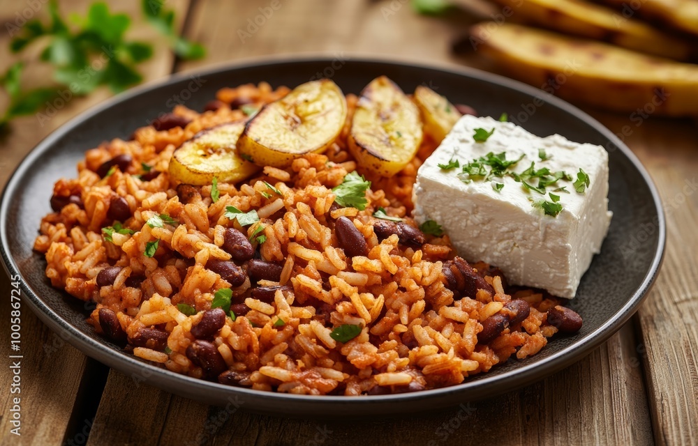 Delicious Rice and Beans with Fried Plantains and Cheese Delicious Rice and Beans with Fried Plantains and Cheese