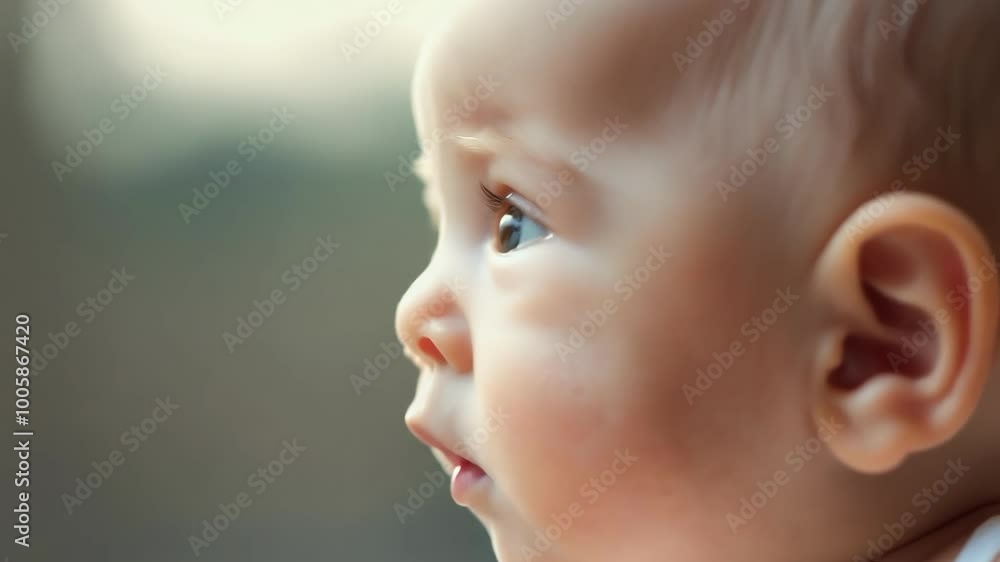Close-up profile of curious baby with bright eyes and soft skin Close-up profile of curious baby with bright eyes and soft skin