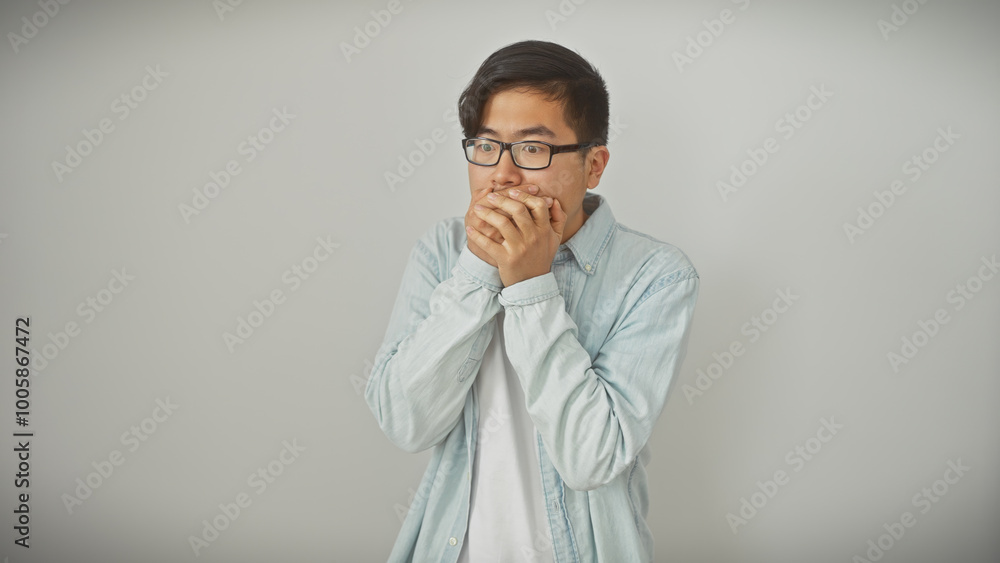 Fototapeta premium A young asian man with glasses covers his mouth against a white background, conveying surprise or secrecy.
