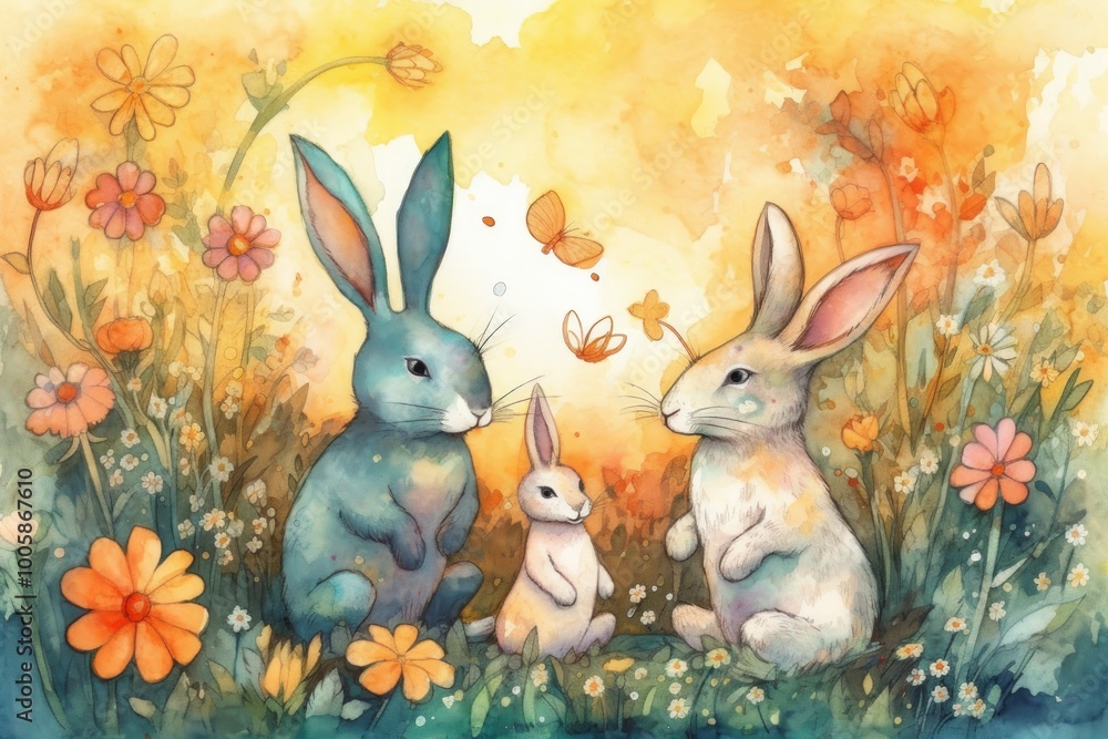 A whimsical watercolor scene of rabbits in a flower-filled meadow. A whimsical watercolor scene of rabbits in a flower-filled meadow.