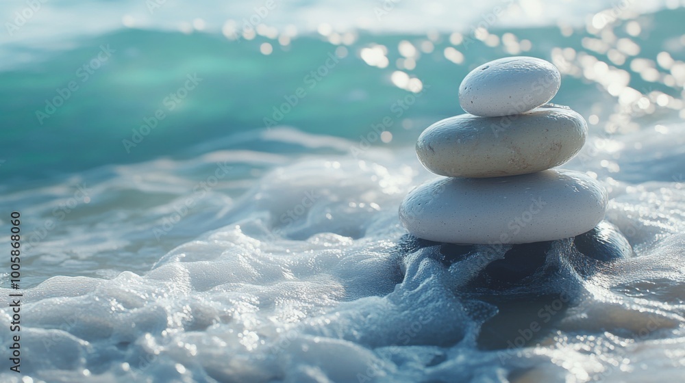 Stacked stones on the beach with waves crashing in the background.