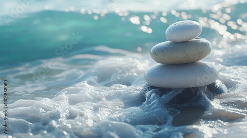 Obraz na płótnie Stacked stones on the beach with waves crashing in the background. w salonie
