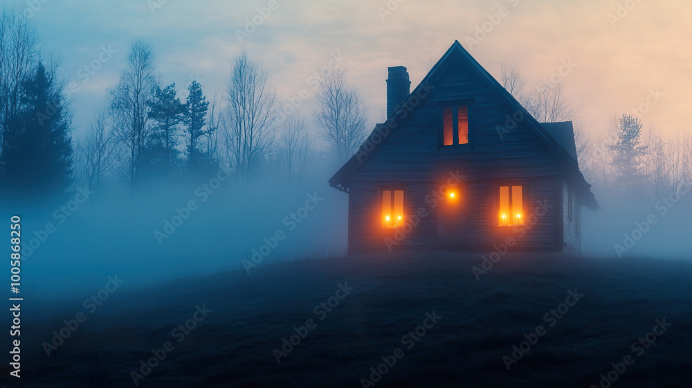 Spooky wooden house with glowing windows stands alone in foggy forest at dusk Spooky wooden house with glowing windows stands alone in foggy forest at dusk