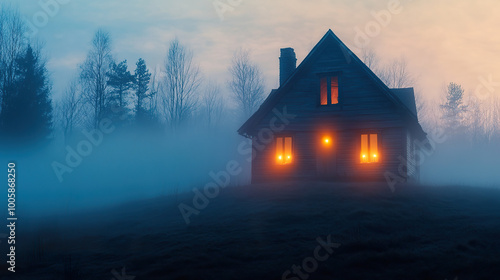 Spooky wooden house with glowing windows stands alone in foggy forest at dusk