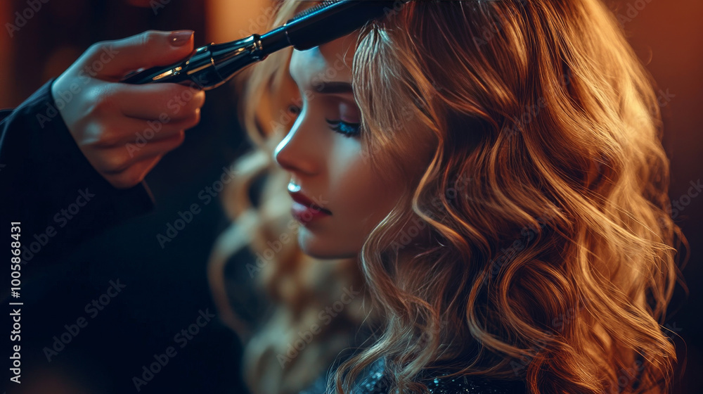 Obraz premium A stylist curls a client's hair with a curling iron in a trendy salon. The atmosphere is professional and fashionable.